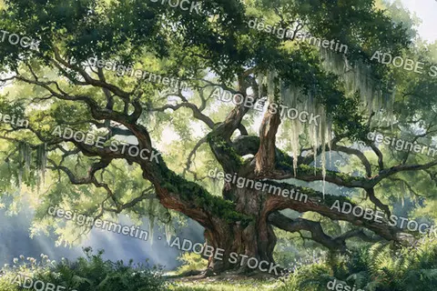 Lush Ancient Tree With Twisting Branches And Hanging Moss In Soft Forest Light