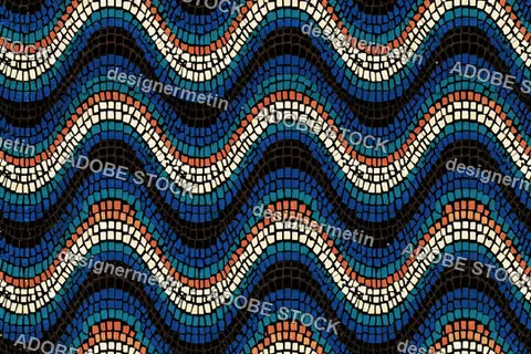 Mosaic Wave Seamless Pattern With Blue, Black, White And Orange Curved Tiles Background