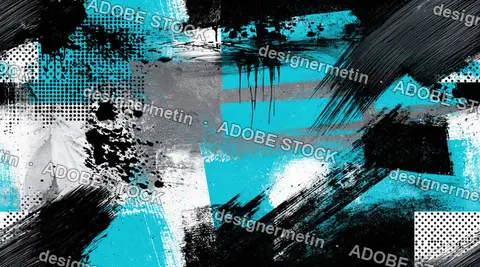 Abstract Blue Black White Paint Strokes With Grunge Splatter, Halftone Squares Seamless Background