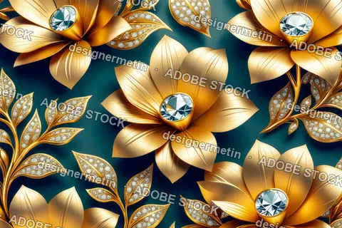 Gold Flowers And Diamonds On Dark Blue Background