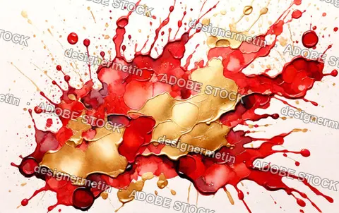 Ruby Red And Gold Paint Splatter On White Background. Generative Ai