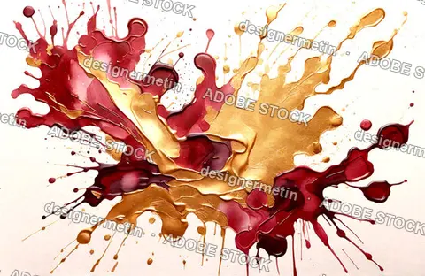 Red And Gold Paint Splatter On White Background. Generative Ai