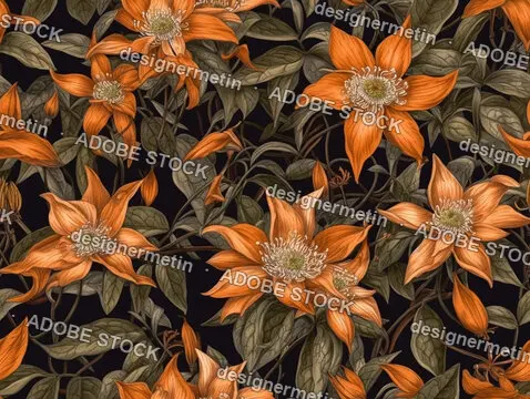 Seamless Orange Clematis Flowers Illustration Pattern On Black Background, Wedding Wallpaper Design. Generative Ai