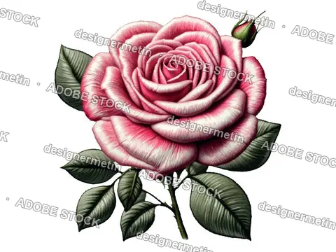 Red Rose Vector Illustration On Transparent Background. Embroidery Rose Clipart